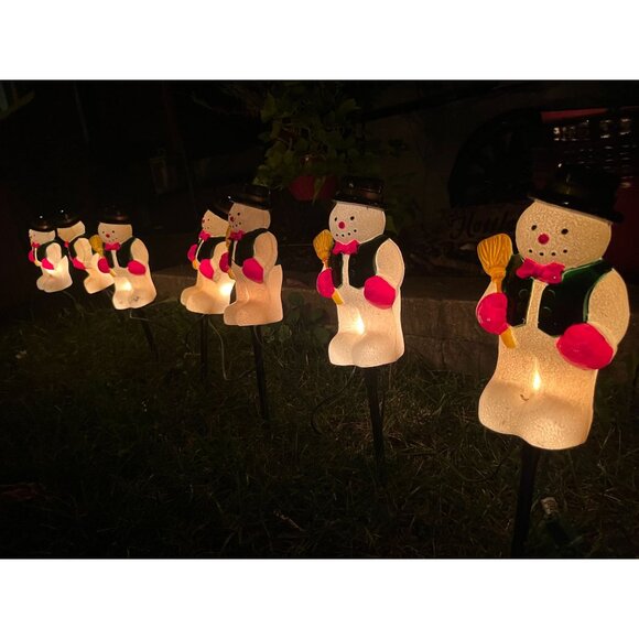 Vintage Blow Mold Christmas Holiday Winter Snowmen Light Up Pathway Stakes - Wor - Picture 5 of 10